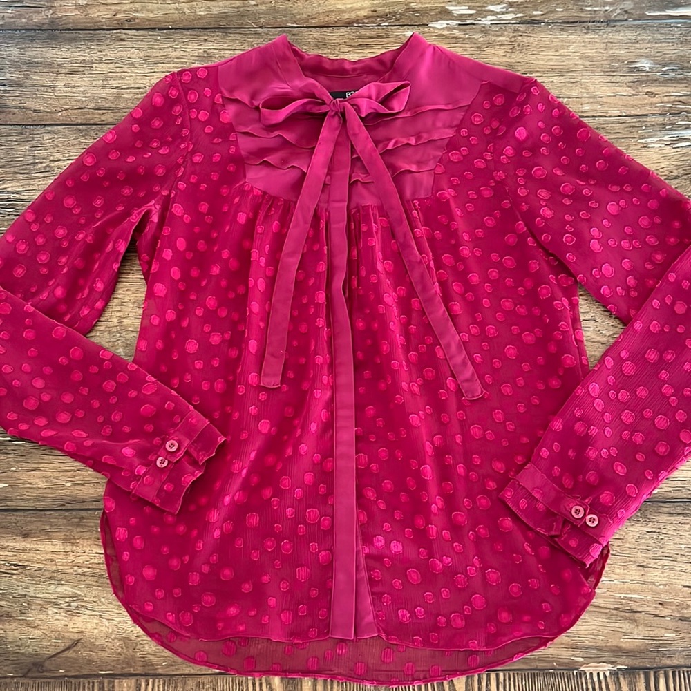 BCBG Burgundy Sheer Bow Tie Button Down Blouse